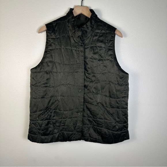 EILEEN FISHER Quilted 100% Silk Filigree Jacquard Vest Dark Green - Picture 2 of 6